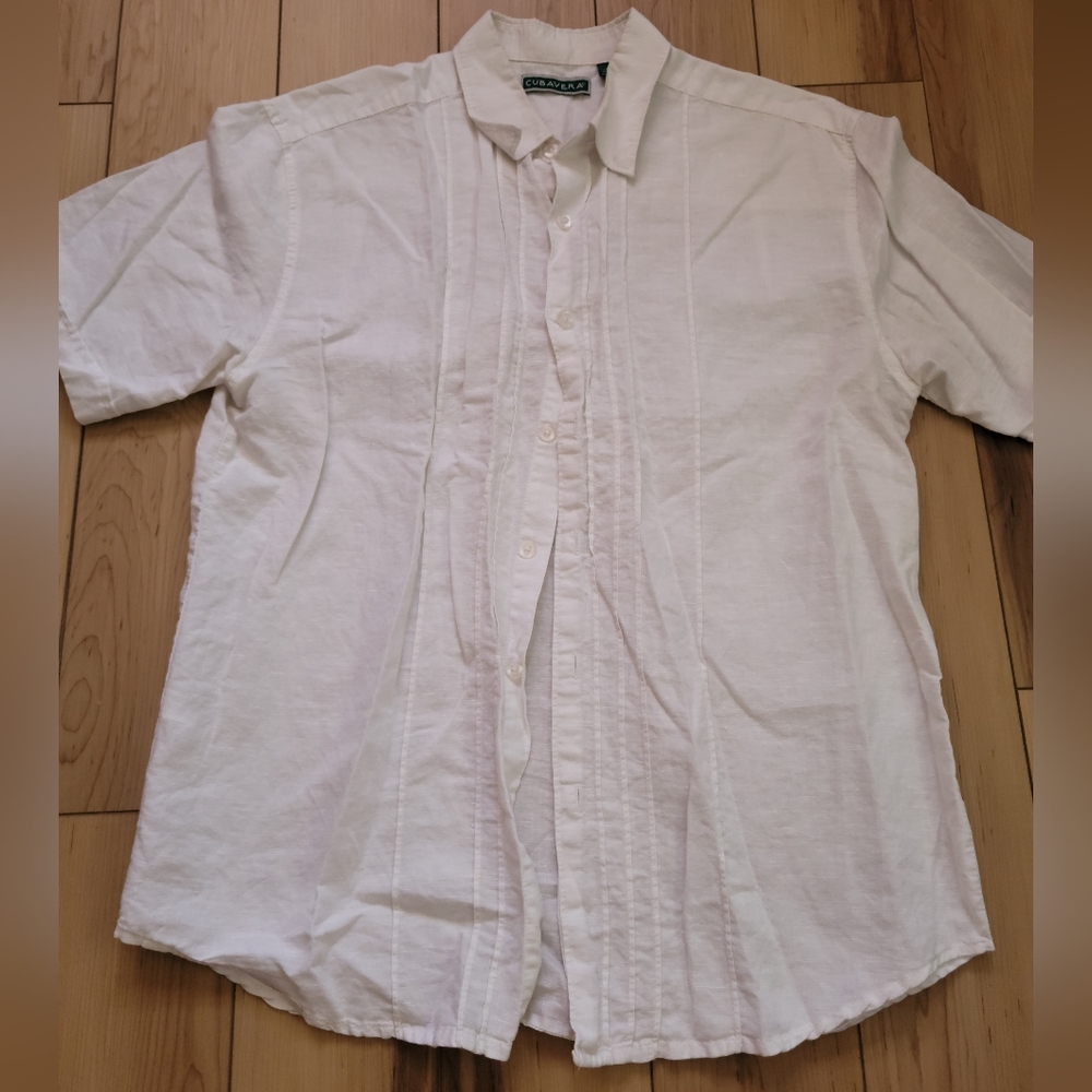 Cubavera White Short Sleeve Button Down Shirt Cotton-Linen Blend